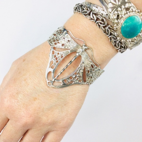 Sterling Silver Art Deco Dragonfly Cuff Bracelet - Picture 3 of 6